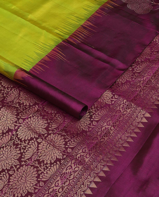 Parrot green striped soft silk saree, contrast tree motif border & pallu of floral jaal designs