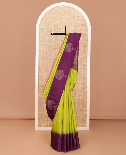 Parrot green striped soft silk saree, contrast tree motif border & pallu of floral jaal designs