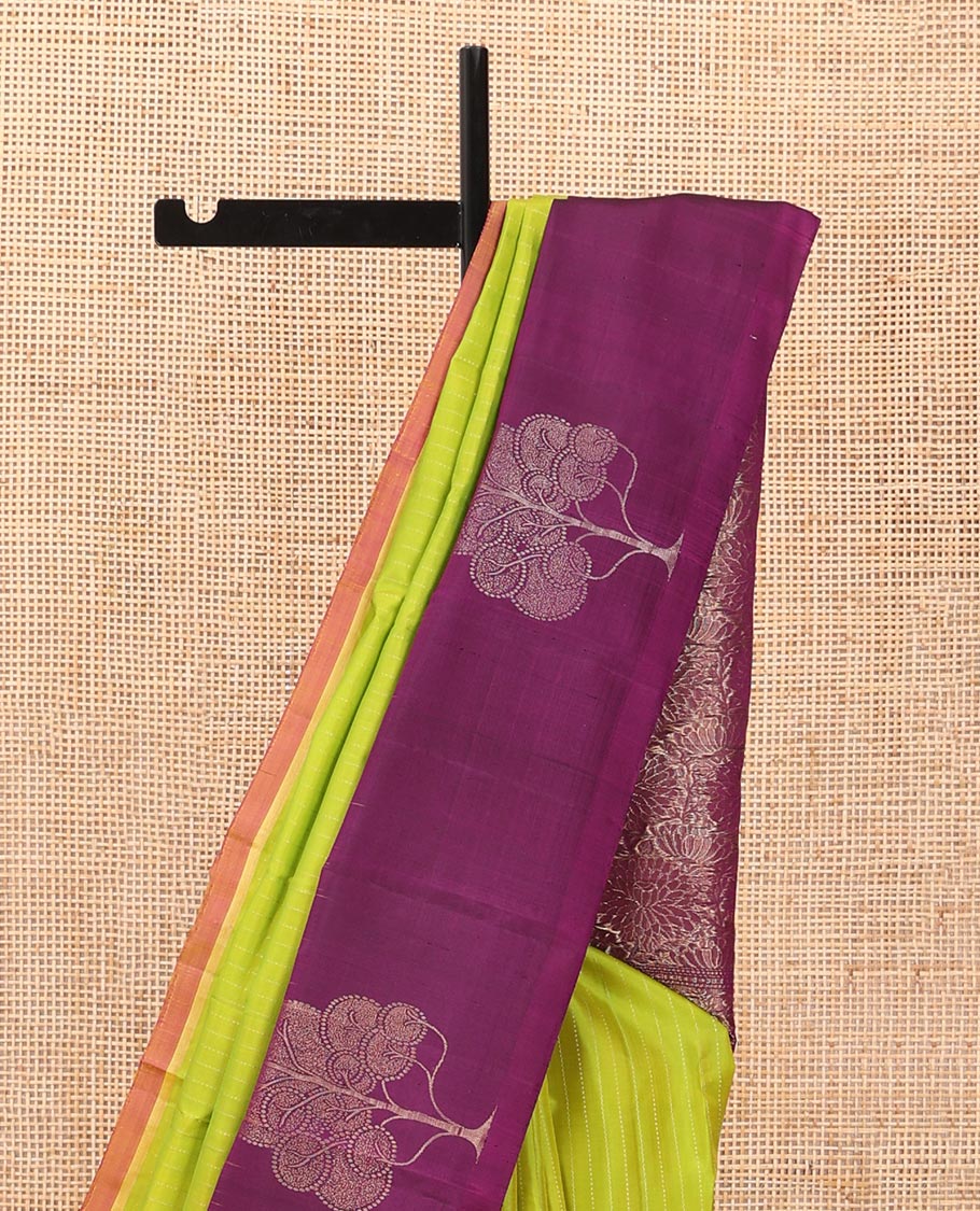 Parrot green striped soft silk saree, contrast tree motif border & pallu of floral jaal designs