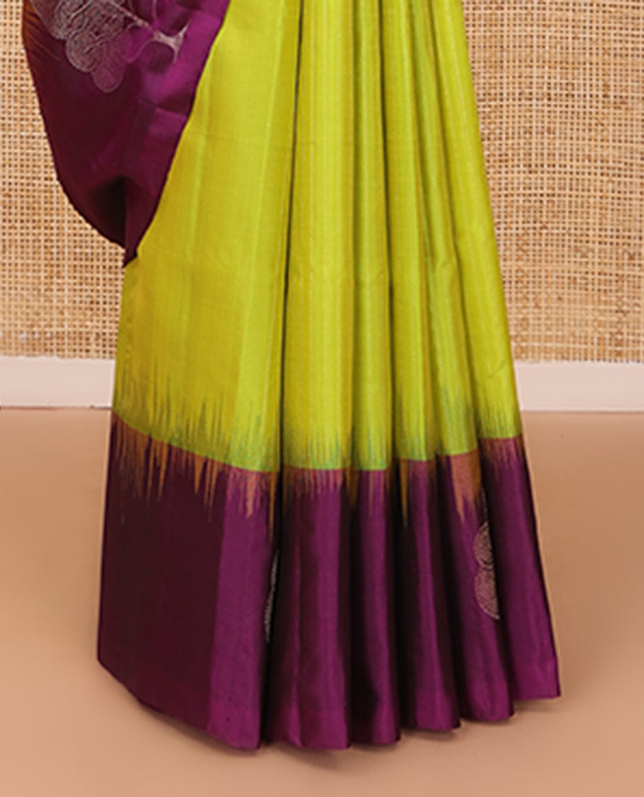 Parrot green striped soft silk saree, contrast tree motif border & pallu of floral jaal designs