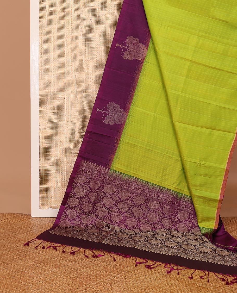 Parrot green striped soft silk saree, contrast tree motif border & pallu of floral jaal designs
