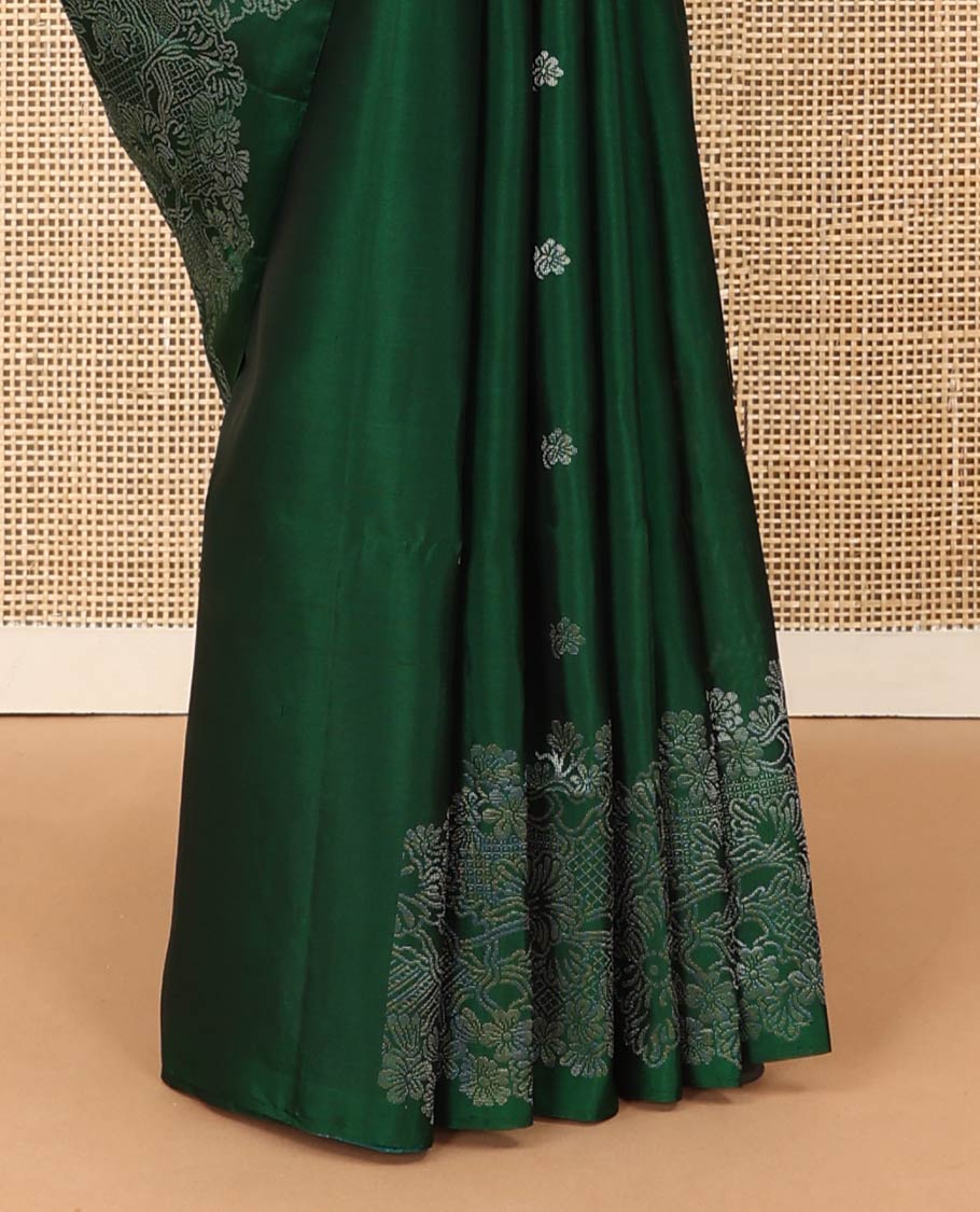 Green floral zari buttas soft silk saree, floral vine border, and pallu of floral designs