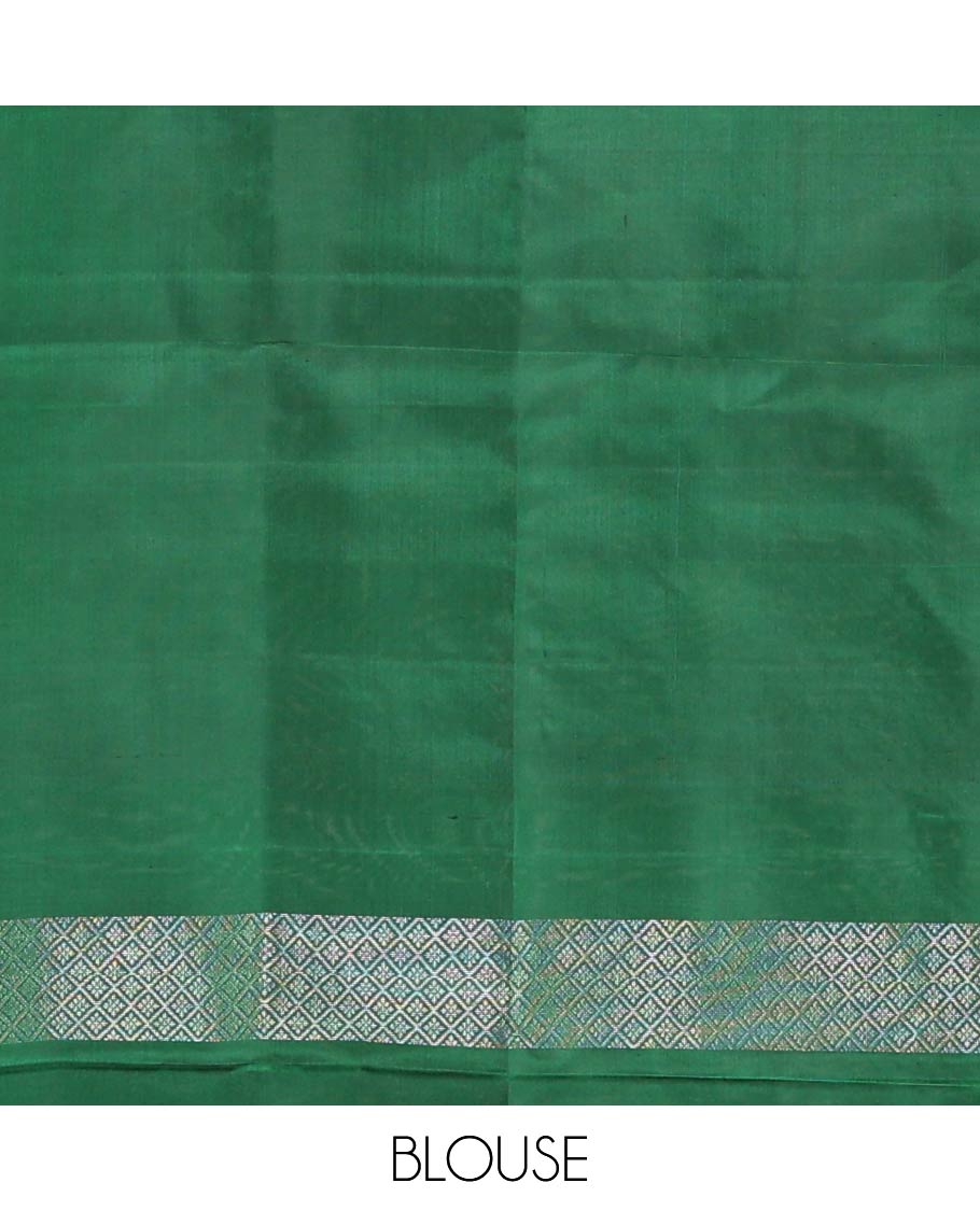 Green floral zari buttas soft silk saree, floral vine border, and pallu of floral designs