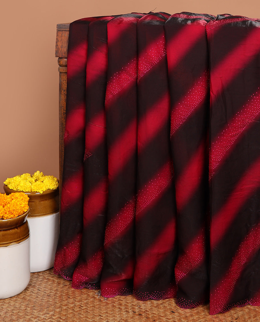 Magenta with pink digital printed fendi satin saree with swarovski stone , scallop border