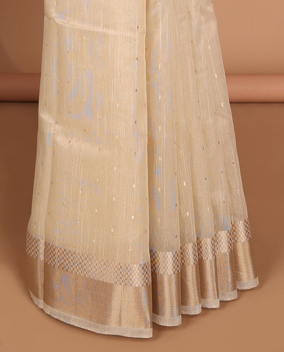 White small zari butta handloom linentissue saree with line chip pallu & gold tissue plain blouse