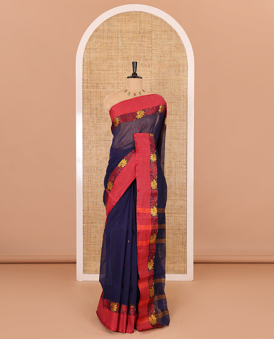 Navy blue thread buttas woven Bengal cotton saree, contrast floral creeper border, and striped pallu