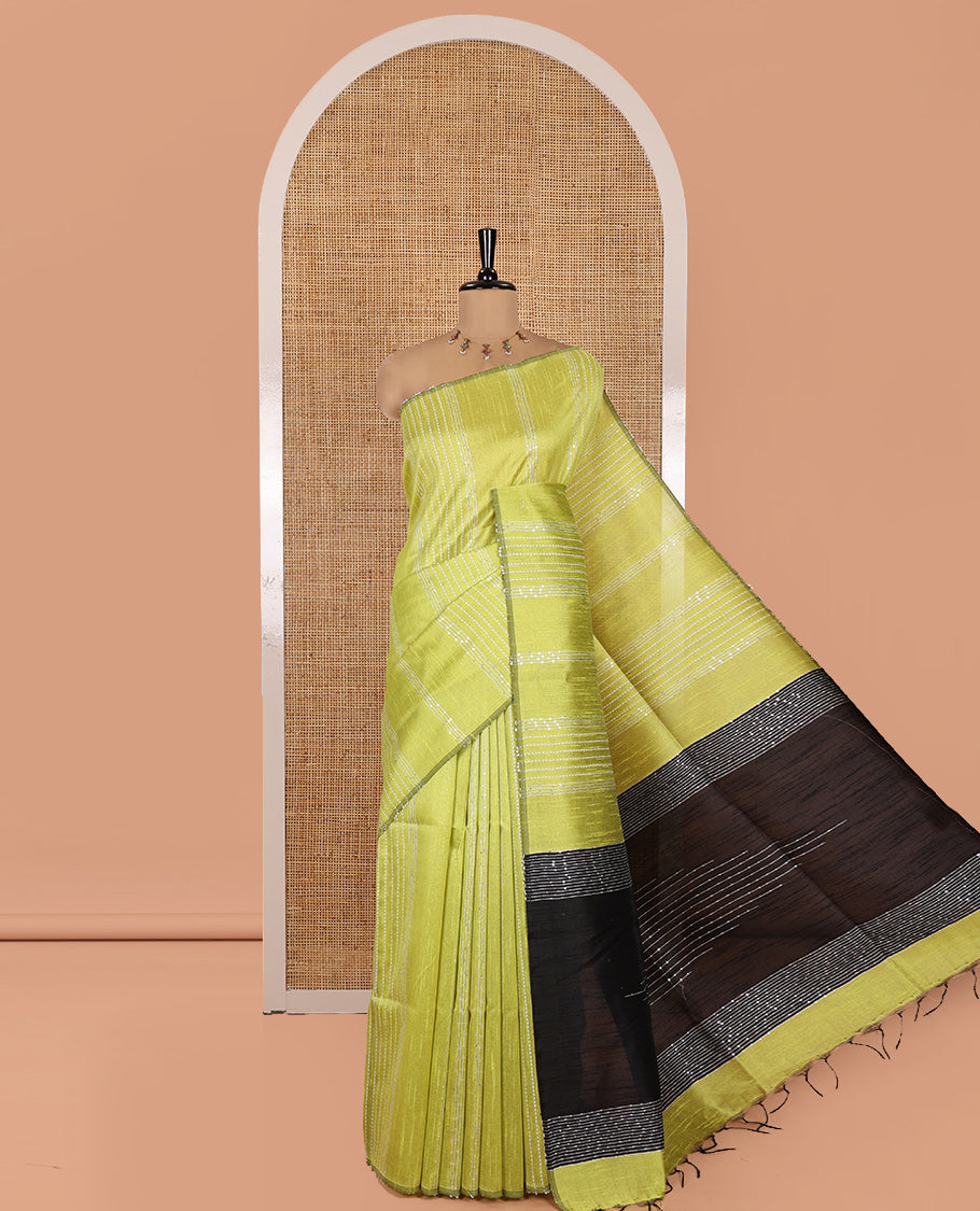 Borderless Green-Black Semi-Raw Silk Saree, Decorated with Sequined Stripes, a Contrast Zari Striped Pallu, and Contrast Blouse