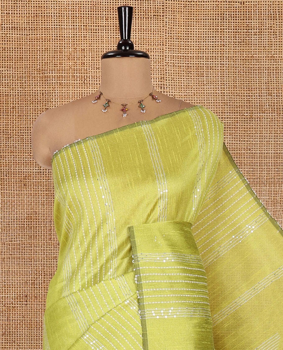 Borderless Green-Black Semi-Raw Silk Saree, Decorated with Sequined Stripes, a Contrast Zari Striped Pallu, and Contrast Blouse