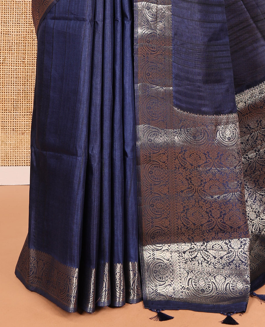 Navy Fancy Tussar Saree, Intricate Border, Grand Pallu, a Printed Blouse, Matching Brocade Blouse