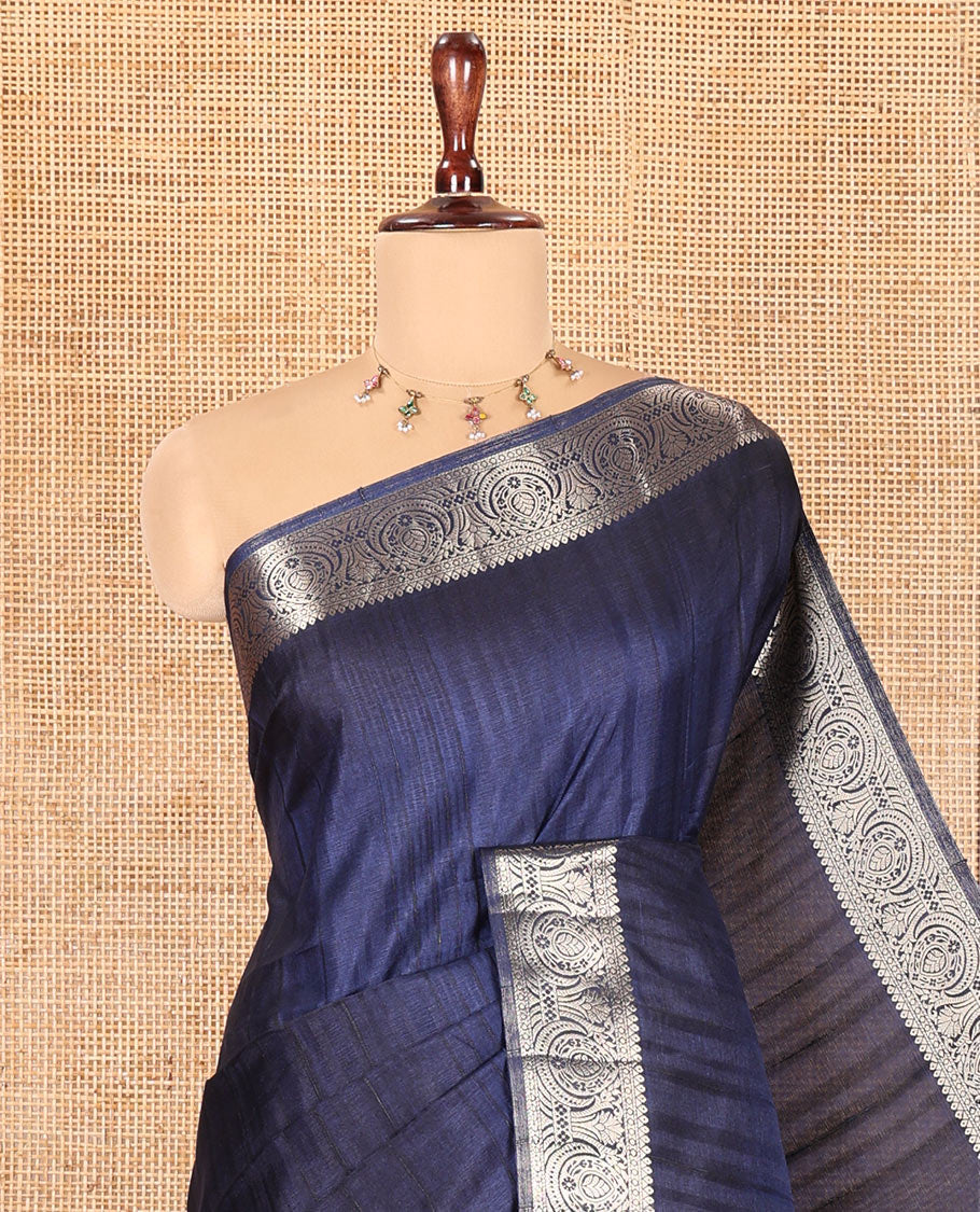 Navy Fancy Tussar Saree, Intricate Border, Grand Pallu, a Printed Blouse, Matching Brocade Blouse