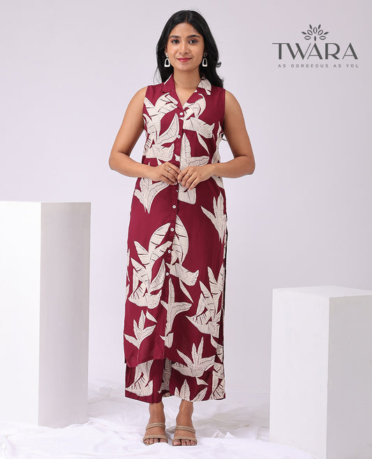 Twara Maroon banana leaf print sleeveless button down knee lenght kurti with palazzo pants