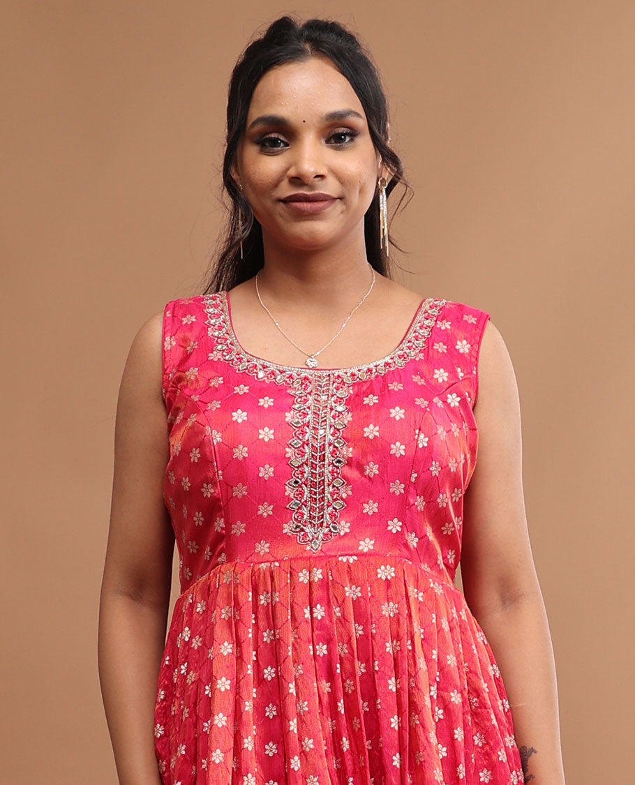 Red floral embroidered round neck, 3/4 th sleeve, floor length top & floral zari design dupatta