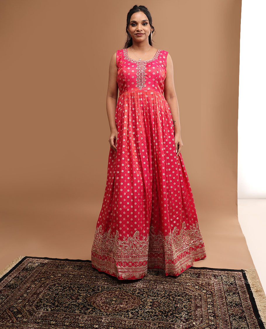 Red floral embroidered round neck, 3/4 th sleeve, floor length top & floral zari design dupatta