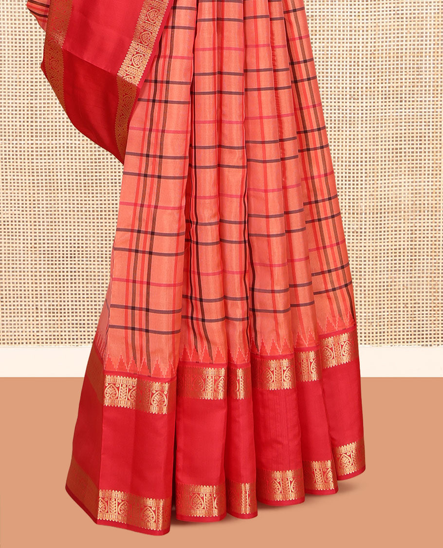 Orange Checked Vasundhara Lite Silk Mix Saree, a Contrast Rettai Pettu Traditional Zari Border, Grand Pallu, and a Contrast Blouse