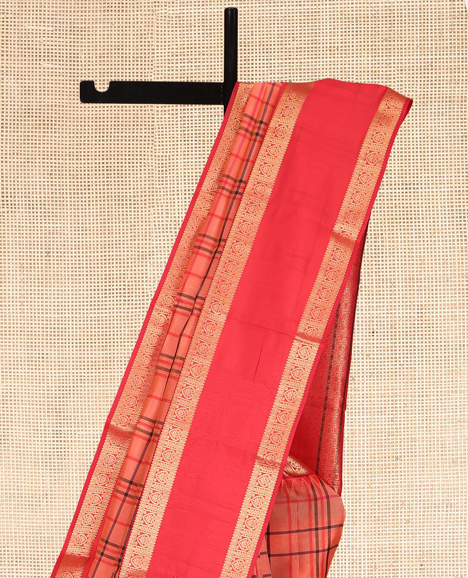 Orange Checked Vasundhara Lite Silk Mix Saree, a Contrast Rettai Pettu Traditional Zari Border, Grand Pallu, and a Contrast Blouse