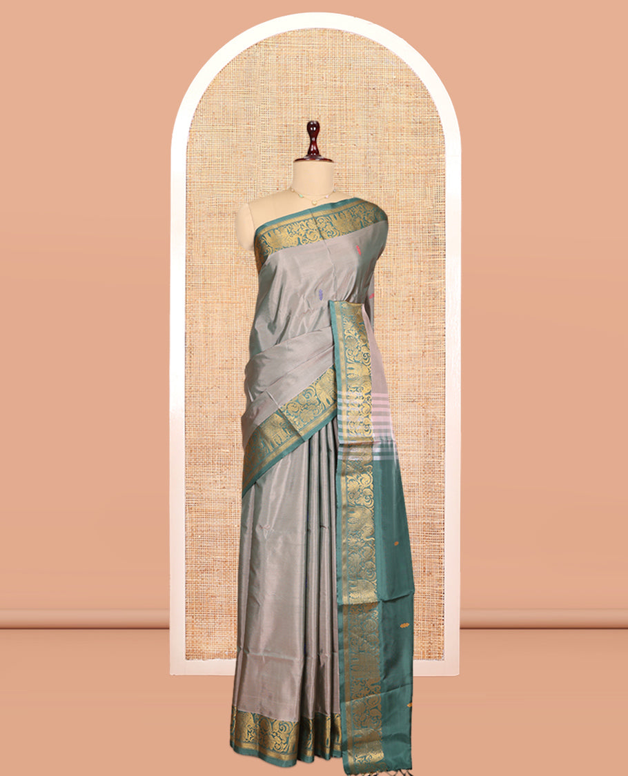 Grey Banana Pith Saree, Woven with Thread Buttas, a Contrast Elephant Border, Pallu of Buttas, and a Contrast Blouse