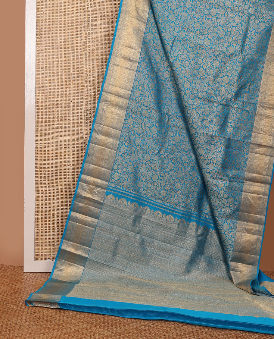 Blue floral jaal jacquard wedding silk saree, geometric patterned pallu & border of rekku,kodi lavangam,mayil kann & flower designs