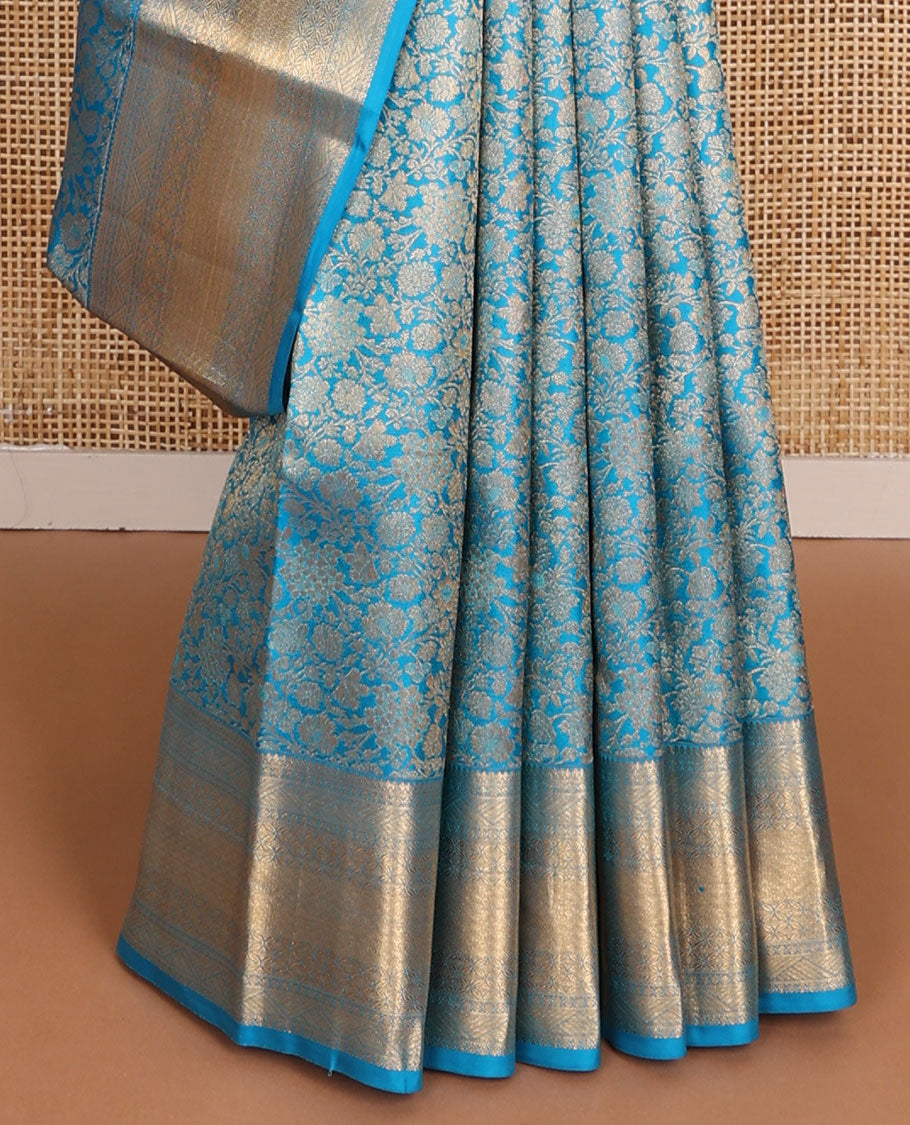 Blue floral jaal jacquard wedding silk saree, geometric patterned pallu & border of rekku,kodi lavangam,mayil kann & flower designs