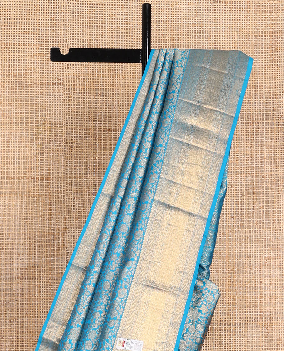 Blue floral jaal jacquard wedding silk saree, geometric patterned pallu & border of rekku,kodi lavangam,mayil kann & flower designs