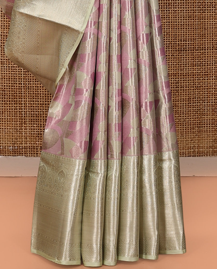 Pink Kanchipuram Tissue Silk Saree, Artfully Detailed with Jacquard, Complemented by Contrast Traditional Zari Border, Grand Pallu, and Contrast Blouse