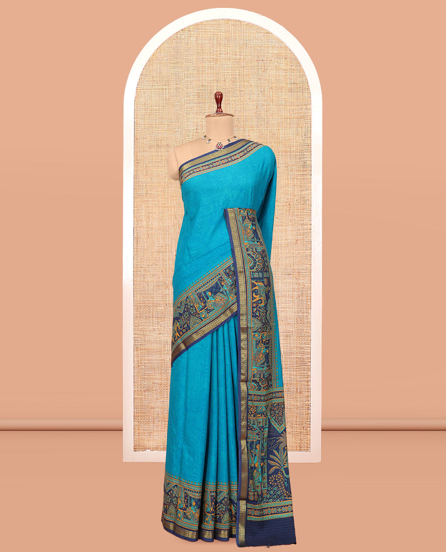 Blue Sparsely Printed Silk Saree, a Contrast Mughal-style Border, Mughal-style Pallu, and a Contrast Blouse