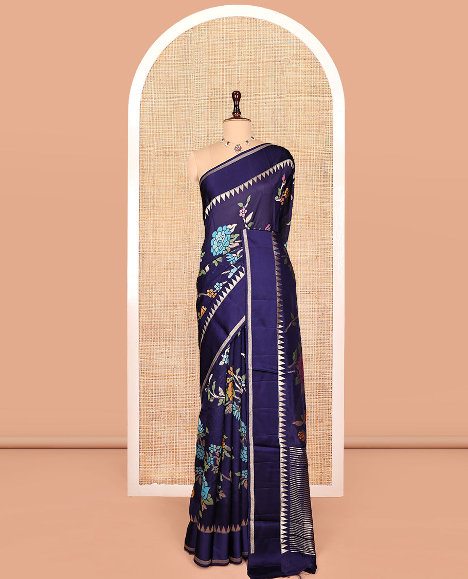 Blue Matka Silk Saree, Detailed with Meenakari Floral Vine All Over Its Body, Highlighted by Temple Rettai Pettu Border, Pallu of Stripes, and Paired with a Matching Blouse