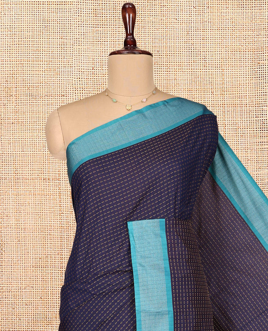 Navy Blue Aarani Gift Saree, Steeped with Plus-Shaped Buttas on Its Body, Complemented by a Contrast Striped Border, Subtle Striped Pallu, and Paired with a Matching Blouse