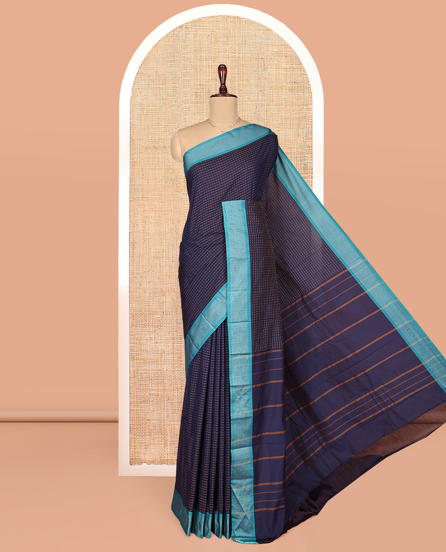 Navy Blue Aarani Gift Saree, Steeped with Plus-Shaped Buttas on Its Body, Complemented by a Contrast Striped Border, Subtle Striped Pallu, and Paired with a Matching Blouse