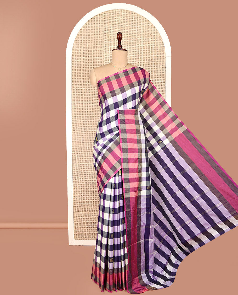 Multi-Color Aarani Gift Saree, Bedecked with Checked Design and Zari Buttas on Its Body, Complemented by a Contrast-Checked Border, Subtly Striped Pallu, and Paired with a Matching Blouse