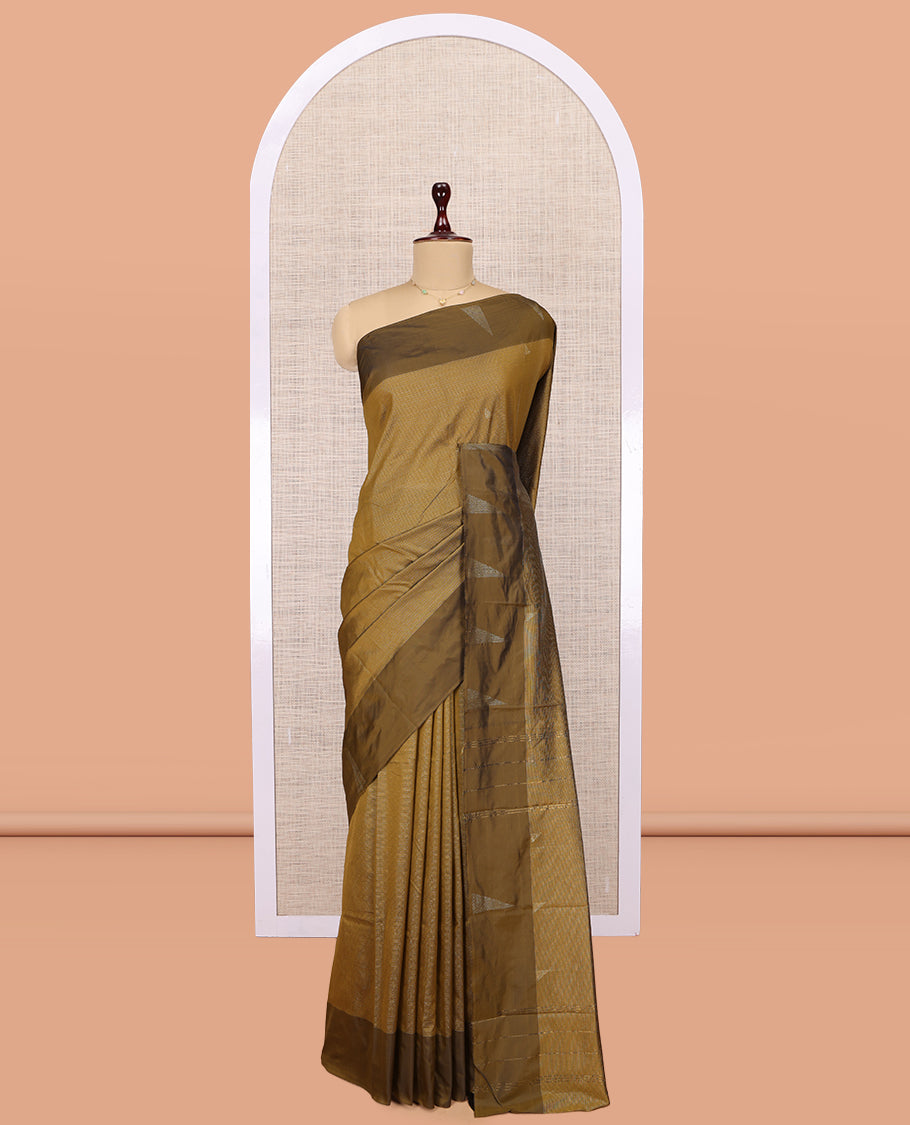 Green Arani Saree, Woven with Zari Stripes, a Contrast Border, a Self-Pallu, and a Matching Blouse