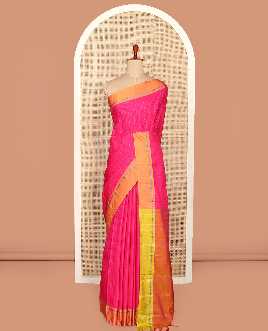 Pink Aarani Silk Saree, Dazzled with Zig-Zag Stripes All Over Its Body, Complemented by a Contrast Border, Pallu of Stripes, and Paired with a Contrast Blouse