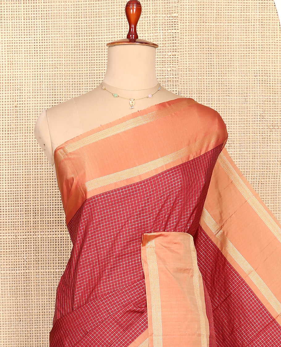 Red Aarani Silk Saree, Enriched with Zari Micro-Checked Design All Over Its Body, Complemented by a Contrast Rettai Pettu Border, Pallu of Stripes, and Paired with a Matching Blouse