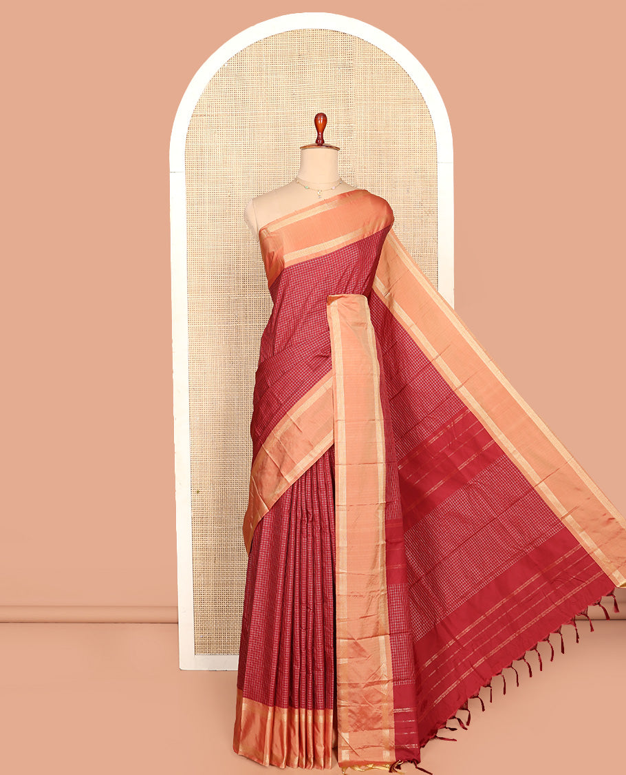 Red Aarani Silk Saree, Enriched with Zari Micro-Checked Design All Over Its Body, Complemented by a Contrast Rettai Pettu Border, Pallu of Stripes, and Paired with a Matching Blouse