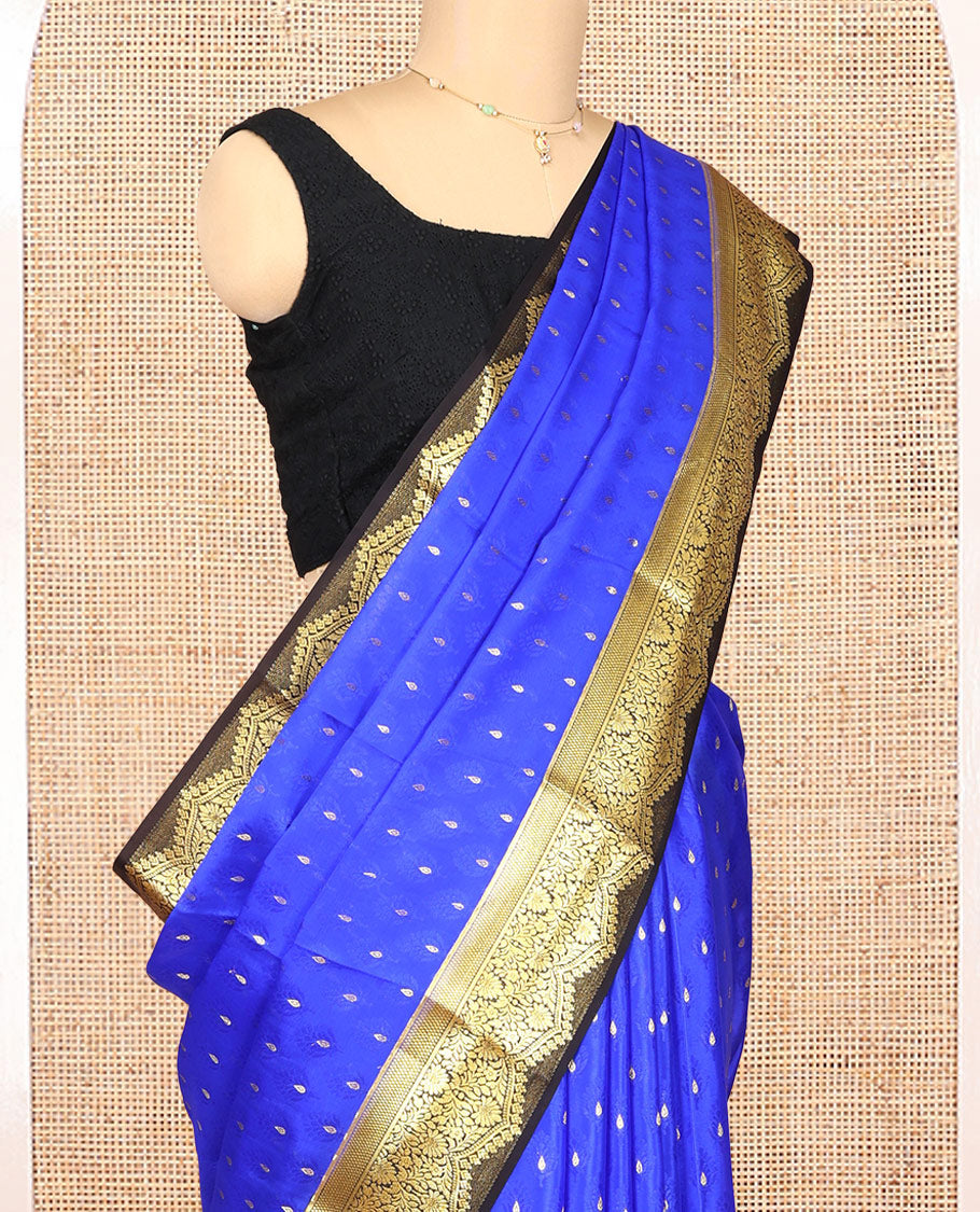 Royal Blue Mysore Silk Saree, Steeped with Zari Buttas, Complemented by a Contrast Traditional Zari Border, Pallu of Floral Jaal Design, and a Contrast Blouse