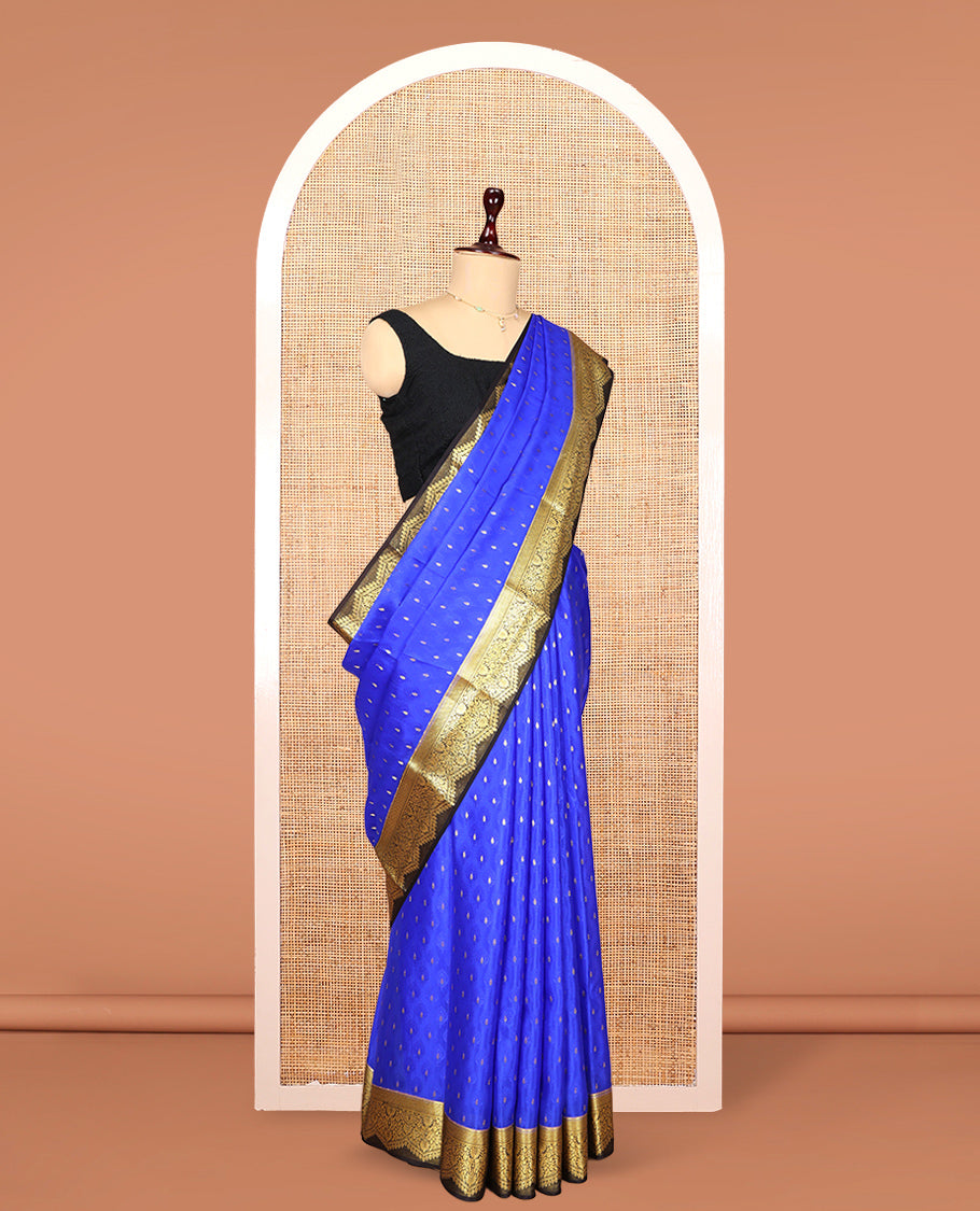 Royal Blue Mysore Silk Saree, Steeped with Zari Buttas, Complemented by a Contrast Traditional Zari Border, Pallu of Floral Jaal Design, and a Contrast Blouse