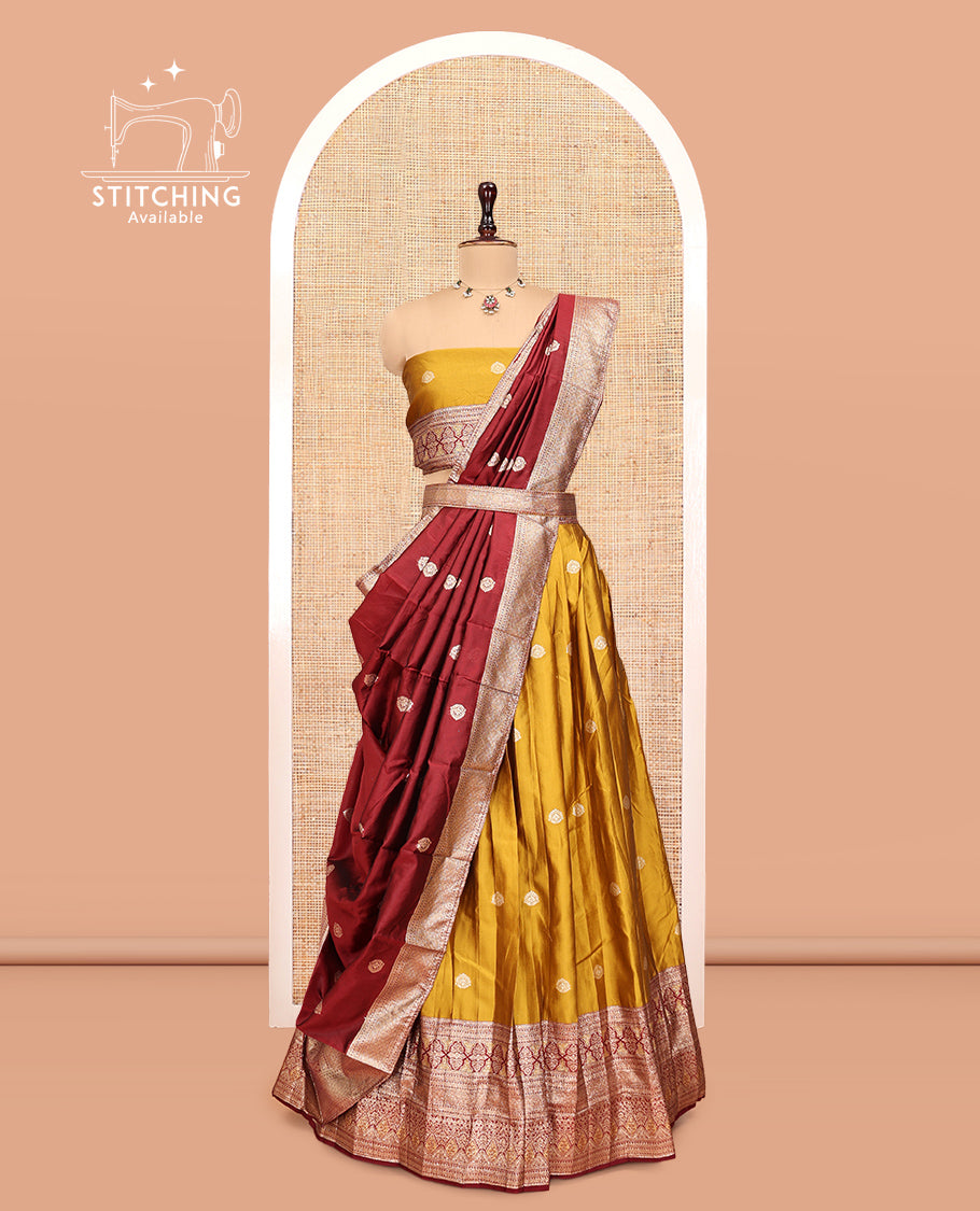Mustard Banarasi Half-Saree, Adorned with Zari Buttas, a Contrast Traditional Zari Border, a Matching Blouse, and a Contrast Dhavani