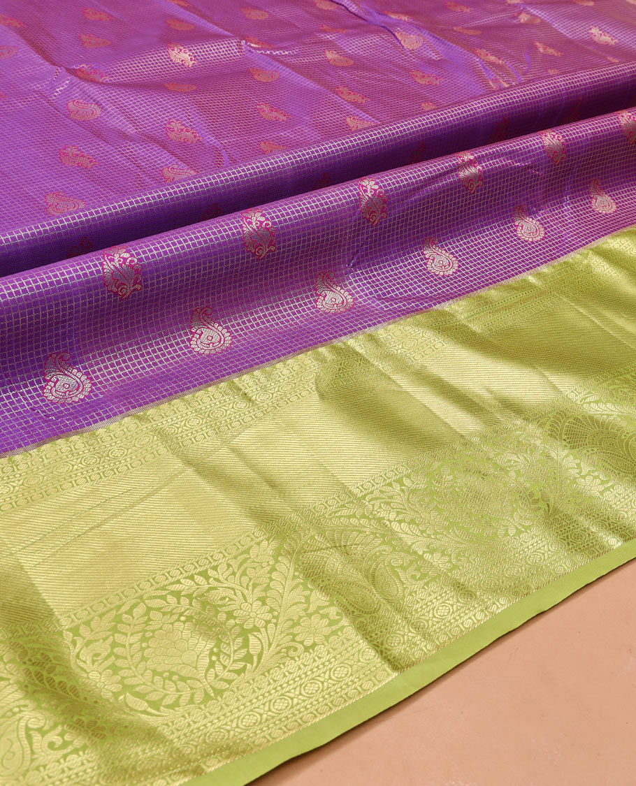Violet Art Silk Material Half Saree, Decked Up with Jacquard Skirt, a Contrast Traditional Zari Border, Contrast Blouse, and an Intricate Dhavani