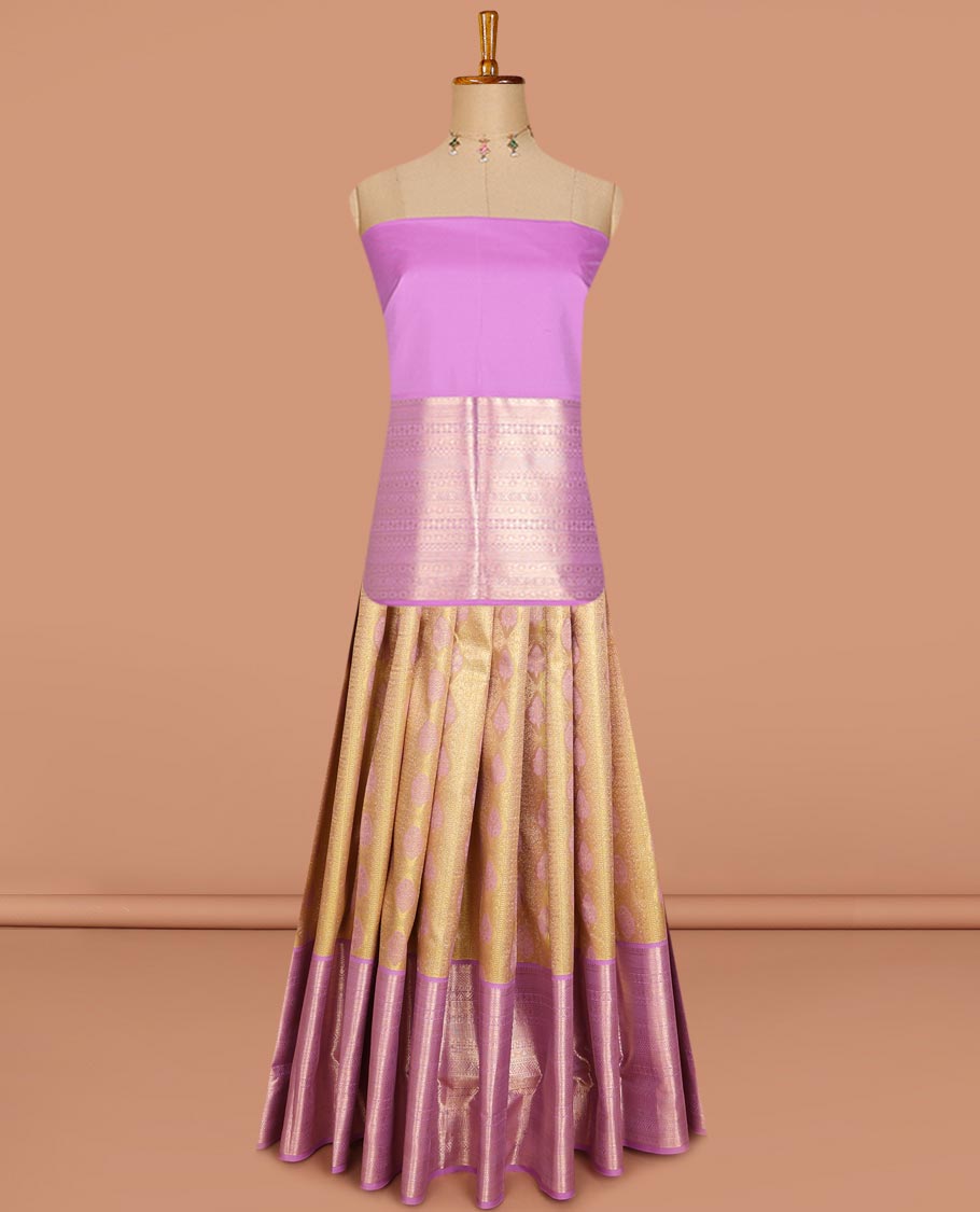 Yellow jacquard pure-mix half saree,contrast zari design dhavani & border of muthu,kuyil kann,neli kathir,kamalam leaf,diamond