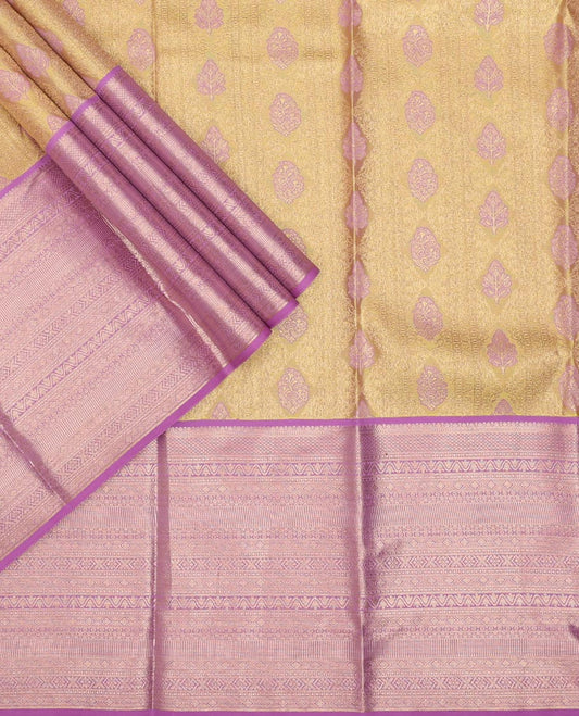 Yellow jacquard pure-mix half saree,contrast zari design dhavani & border of muthu,kuyil kann,neli kathir,kamalam leaf,diamond