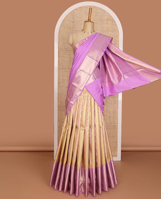 Yellow jacquard pure-mix half saree,contrast zari design dhavani & border of muthu,kuyil kann,neli kathir,kamalam leaf,diamond