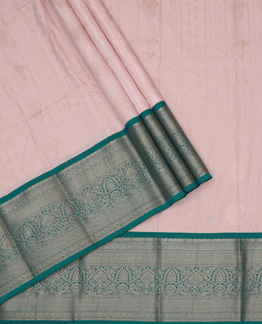Baby pink art silk pavadai material set, zari design pavadai, contrast blouse & traditional zari border
