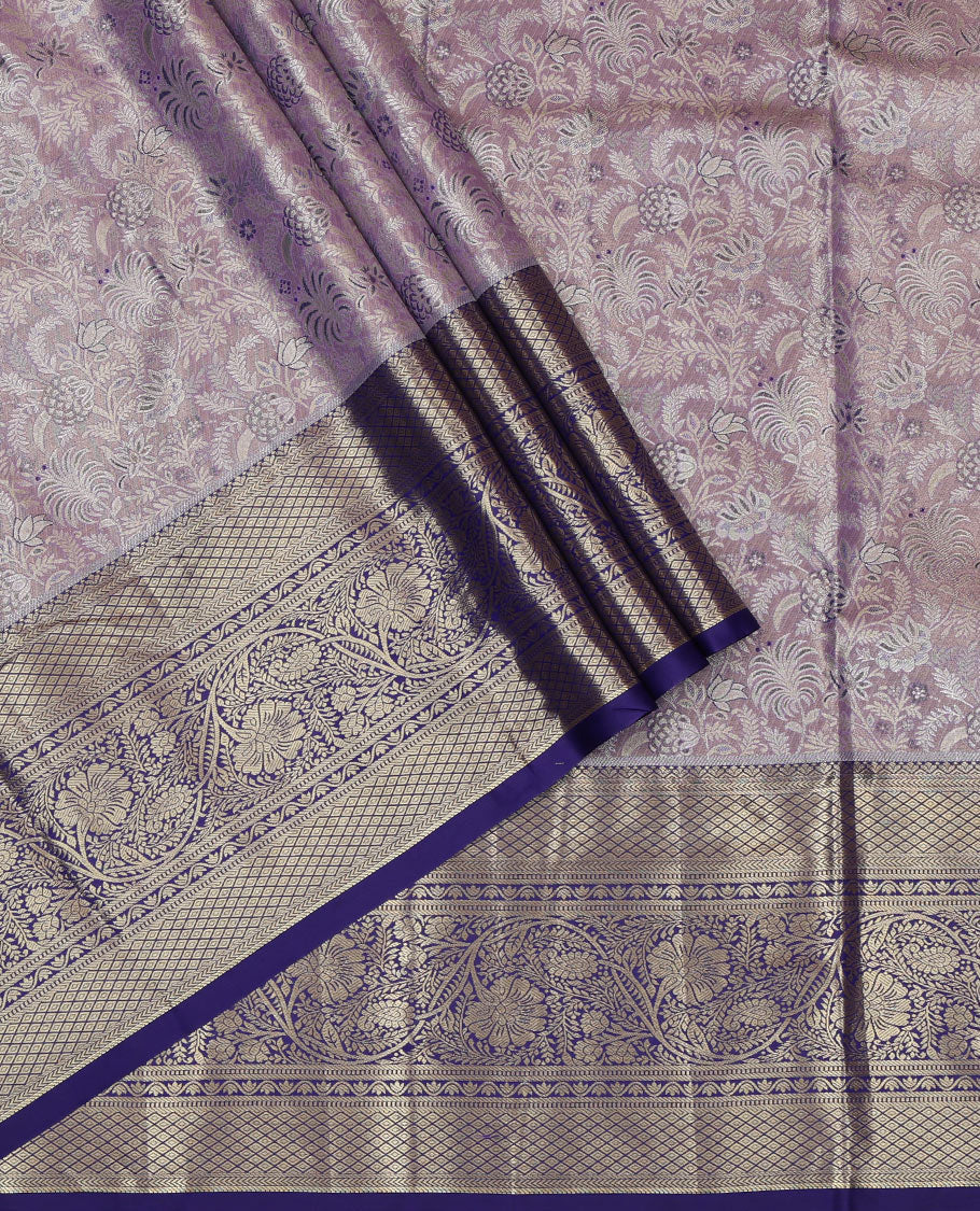 Grey Jacquard Art Silk Pavadai Material Features a Contrast Traditional Border, a Contrast Blouse