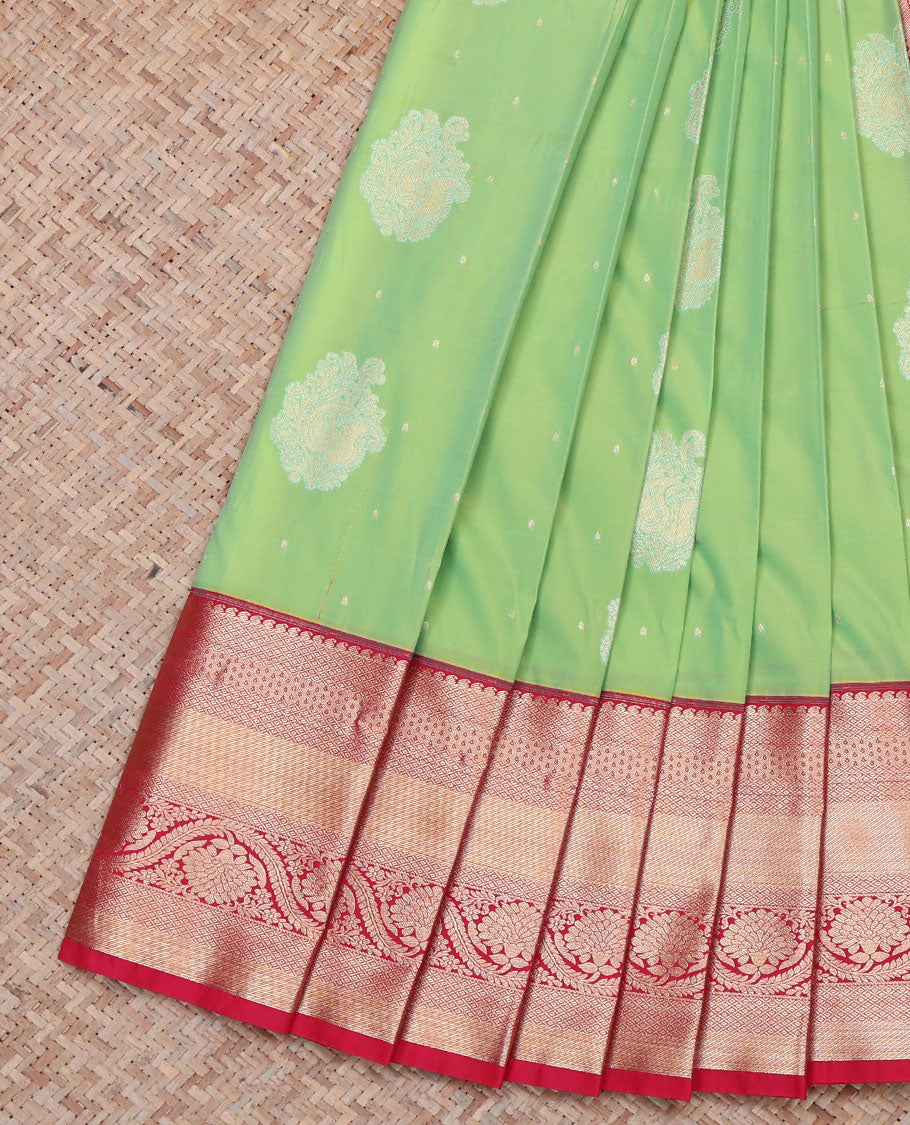 Green Budget Silk Saree, Prettified with Zari Buttas All Over Its Body, Complemented by a Contrast Traditional Zari Border of Floral Creeper Designs, Pallu of Ogee Patterns, and Paired with a Contrast Blouse