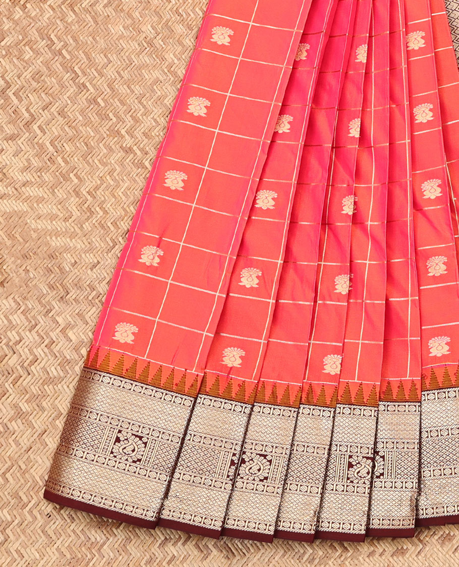 Pink Budget Silk Saree, Enriched with Zari Butta Enclosed Checks on Its Body, Complemented by a Contrast Temple Traditional Zari Design Border, Grand Jaal Pallu, and Paired with a Contrast Blouse