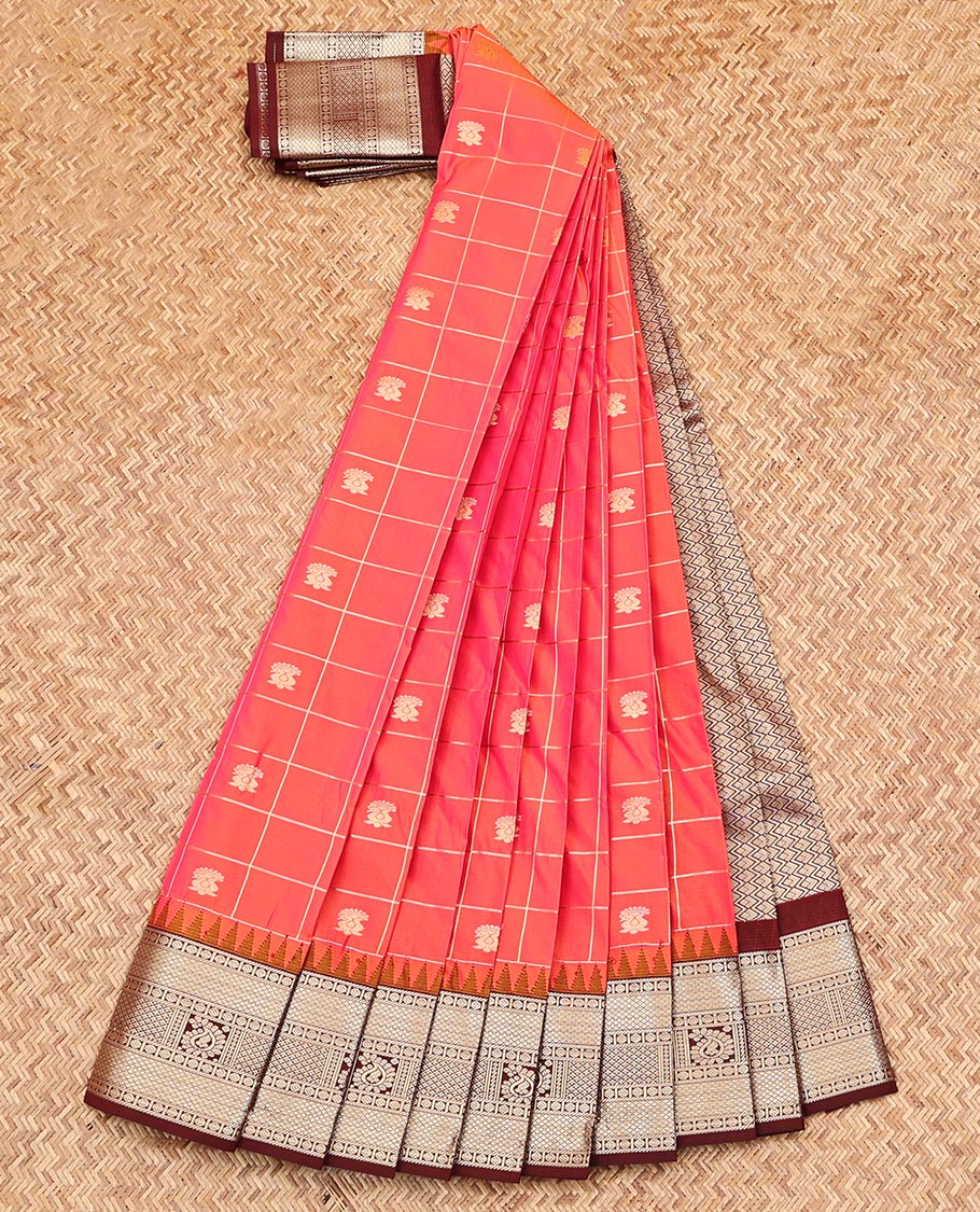 Pink Budget Silk Saree, Enriched with Zari Butta Enclosed Checks on Its Body, Complemented by a Contrast Temple Traditional Zari Design Border, Grand Jaal Pallu, and Paired with a Contrast Blouse
