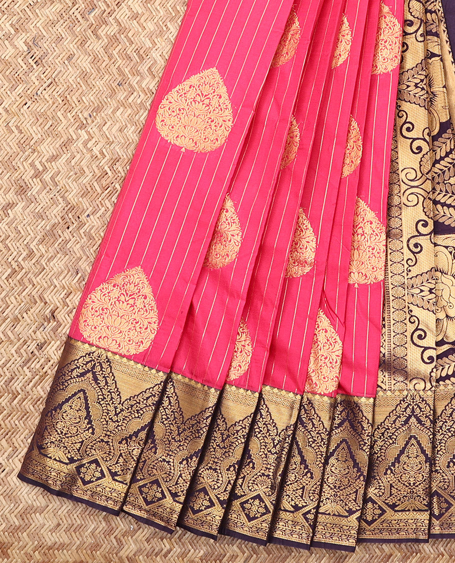 Pink Budget Silk Saree, Detailed with Zari Buttas and Stripes, Complemented by a Contrast Traditional Zari Border, Intricate Pallu, and a Contrast Blouse
