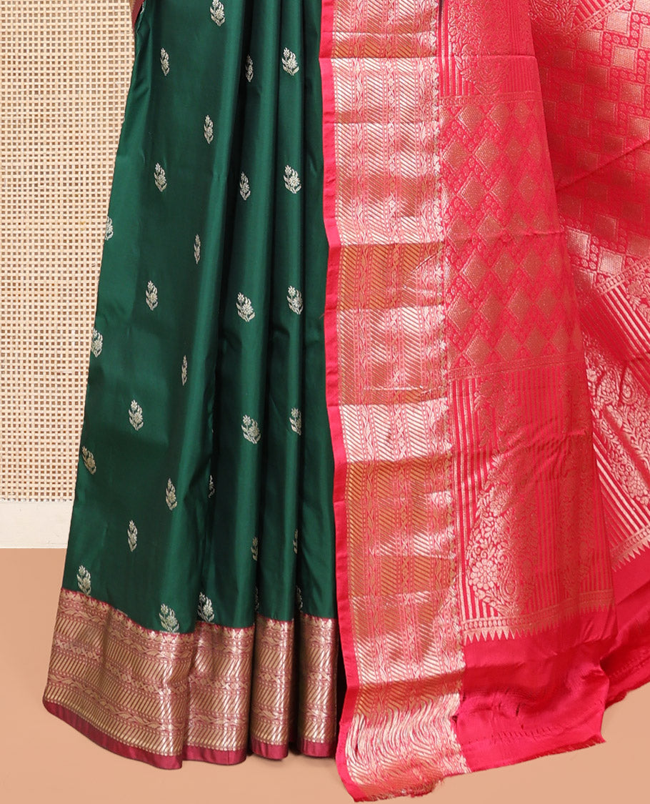 Green Budget Silk Saree, Decked Up with Zari Buttas, Complemented by a Contrast Traditional Zari Border, Pallu of Intricate Designs, and Contrast Blouse