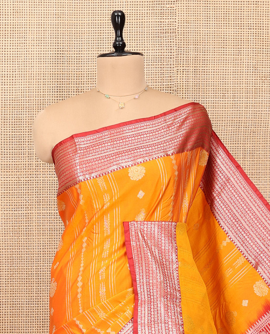 Orange Budget Silk Saree, Highlighted with Zari Designs, Complemented by a Contrast Traditional Zari Border, Pallu of Jaal and Paisleys, and Contrast Blouse