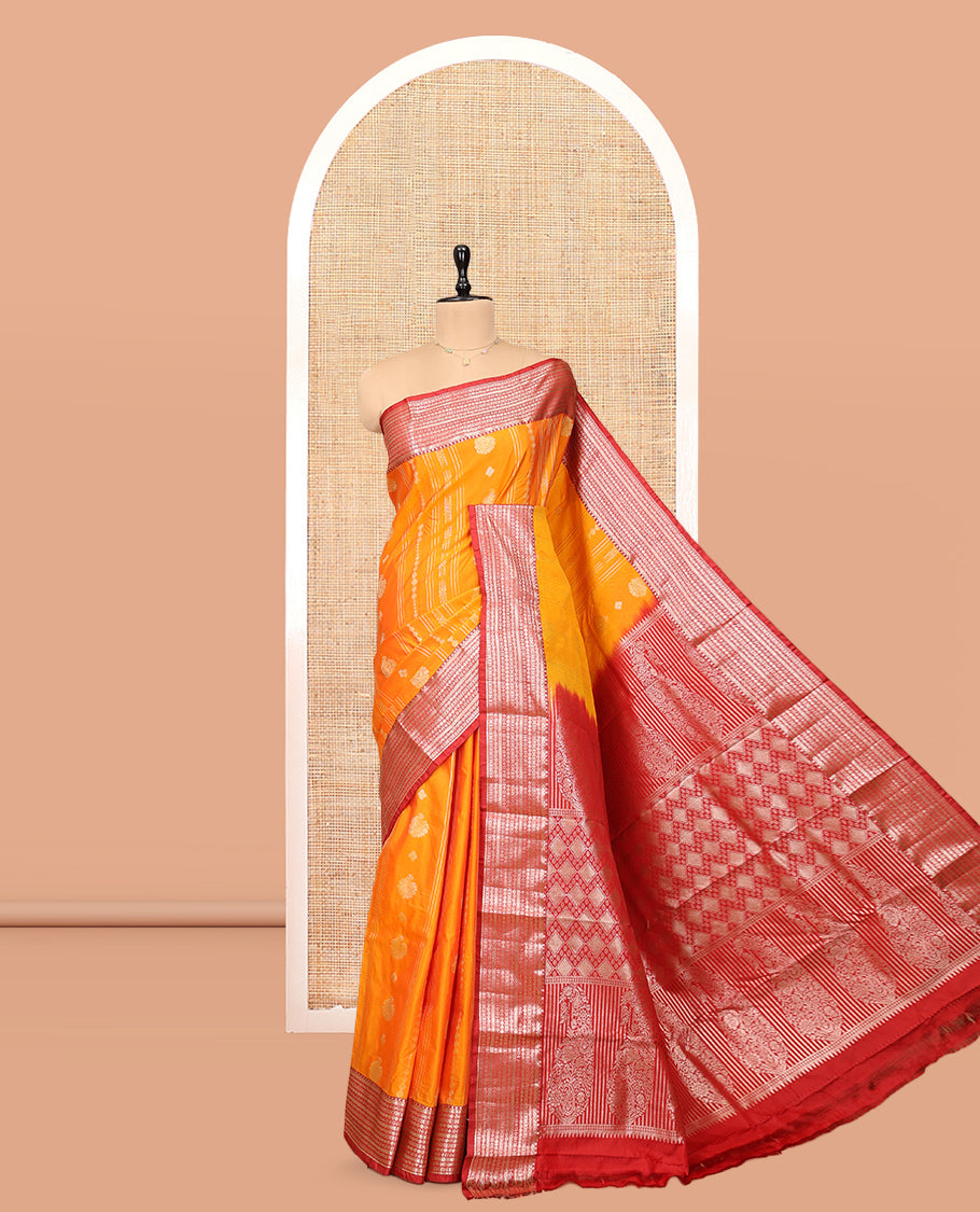 Orange Budget Silk Saree, Highlighted with Zari Designs, Complemented by a Contrast Traditional Zari Border, Pallu of Jaal and Paisleys, and Contrast Blouse