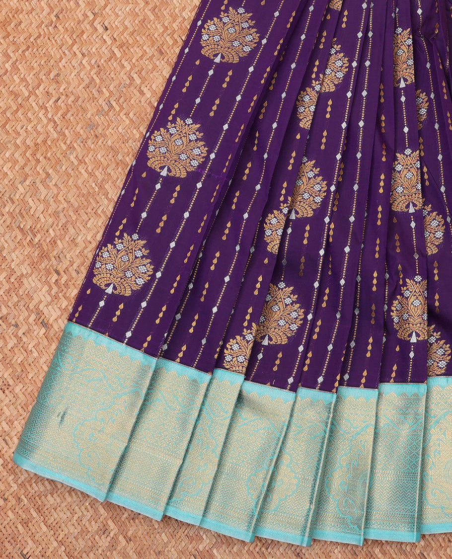 Purple Budget Silk Saree, Decked Up with Zari Buttas All Over Its Body, Complemented by Contrast Traditional Zari Designs Woven Border, Grand Pallu and Paired with a Contrast Blouse